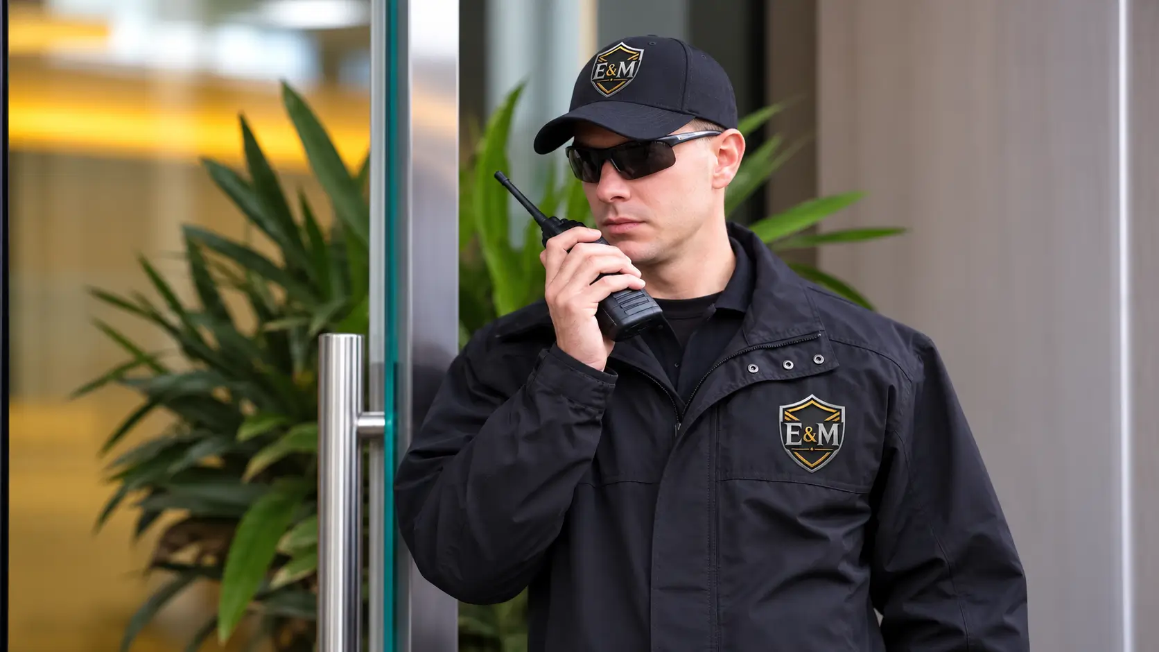 Guardia E&M SESPRO comunicándose por radio en el acceso de un edificio